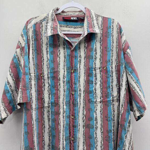 Vintage Today’s News Button Up Red‎ White Blue Stripe Short Sleeve - Picture 2 of 8